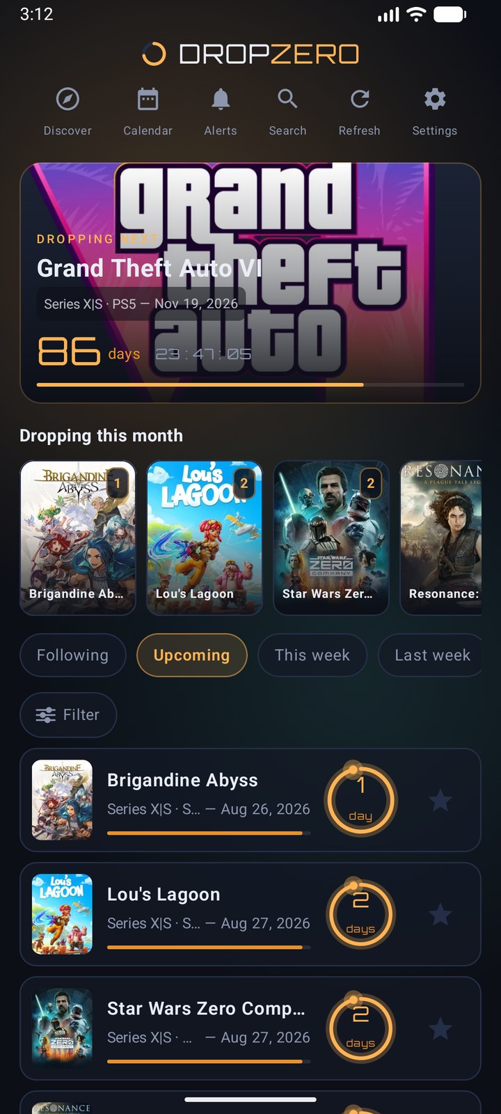 Dropzero home screen with a live countdown