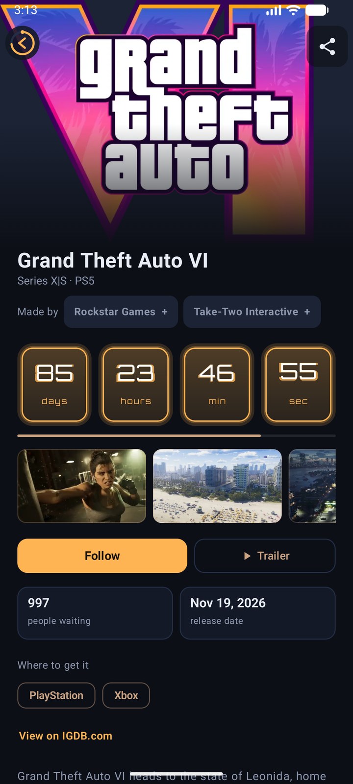 Game page with countdown, screenshots and trailer