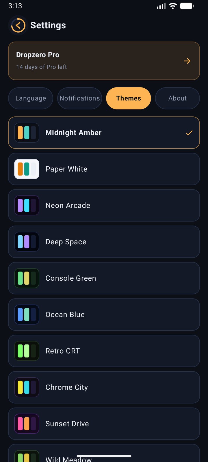 Settings with language, notifications and themes