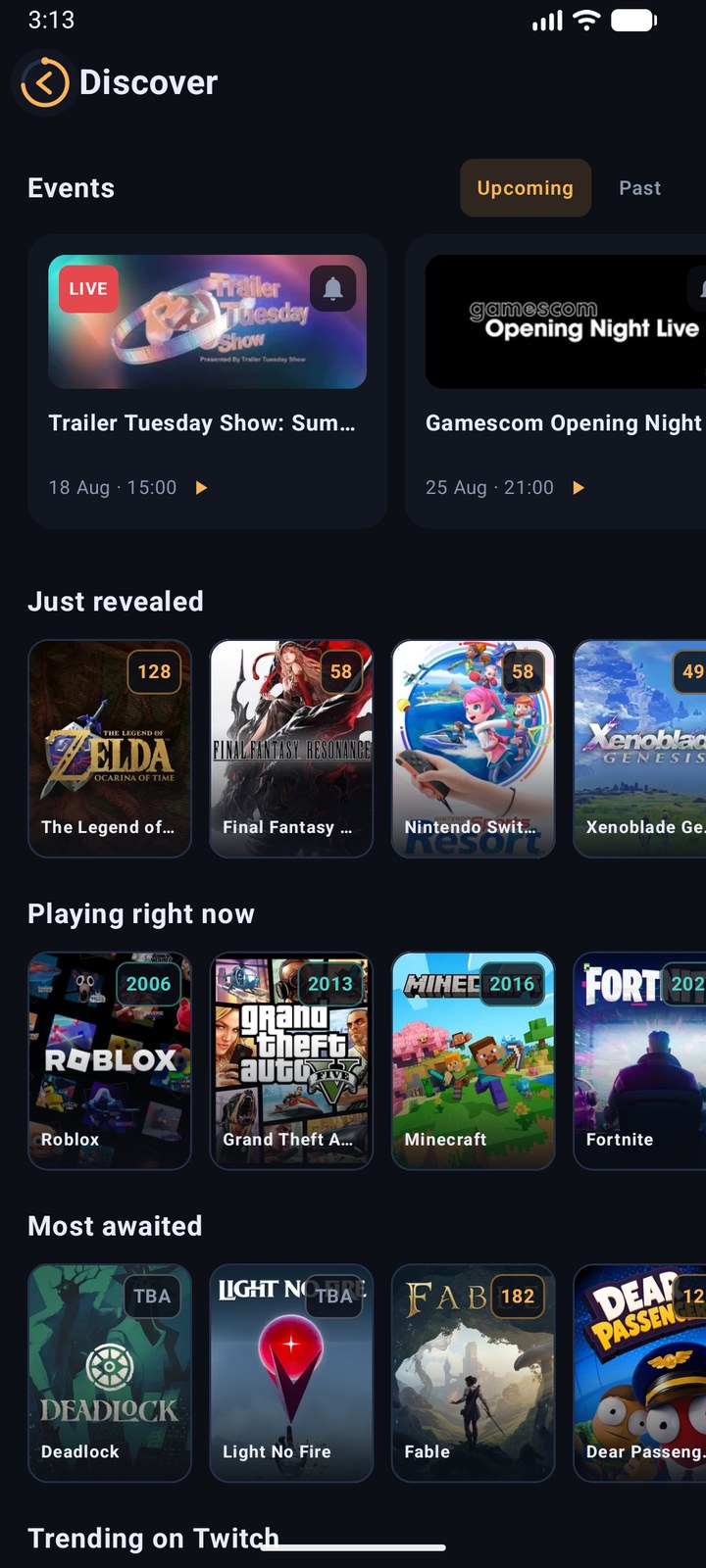 Discover screen: events, free games and curated shelves